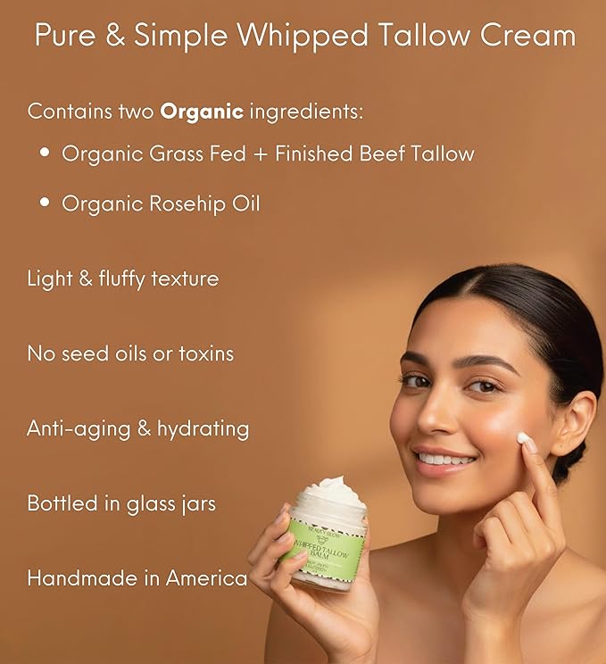 Organic Whipped Beef Tallow + Rosehip Oil for Face & Body Moisturizer Cream Lotion Balm Natural Grass Fed and Finished Body Butter for Dry Cracked Sensitive Skin Care Unscented Fragrance Free 4 Fl Oz