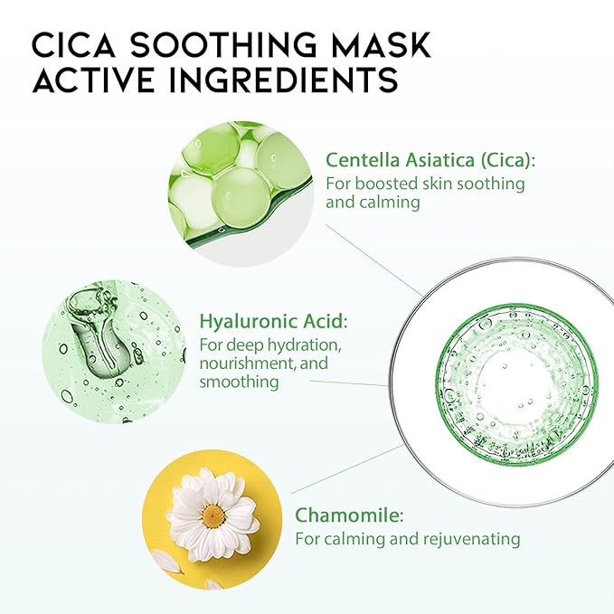 #OOTD Cica Calming Mask for Face Sensitive Irritated Skin, Soothing, Moisturizing, Korean Anti Aging Face Mask, Eve Vegan, Chamomile, Hyaluronic Acid 10EA