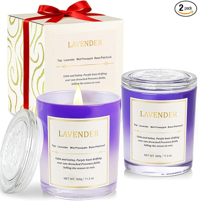 Lavender Candle Gift Set – 2 Pack Wood Wick Soy Wax Scented Candles with Gift Boxes, Long Lasting Relaxing Aromatherapy Candles for Home Decor, Holiday & Christmas Gifts