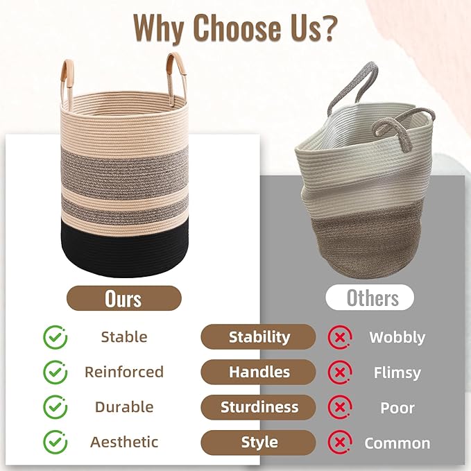 75L Striped Laundry Basket, Brown & Black Laundry Hamper with Leather Handles, Woven Cotton Rope Storage Bin for Blankets, Nursery Hamper for Clothes, Toys In Bathroom, Livingroom, Bedroom
