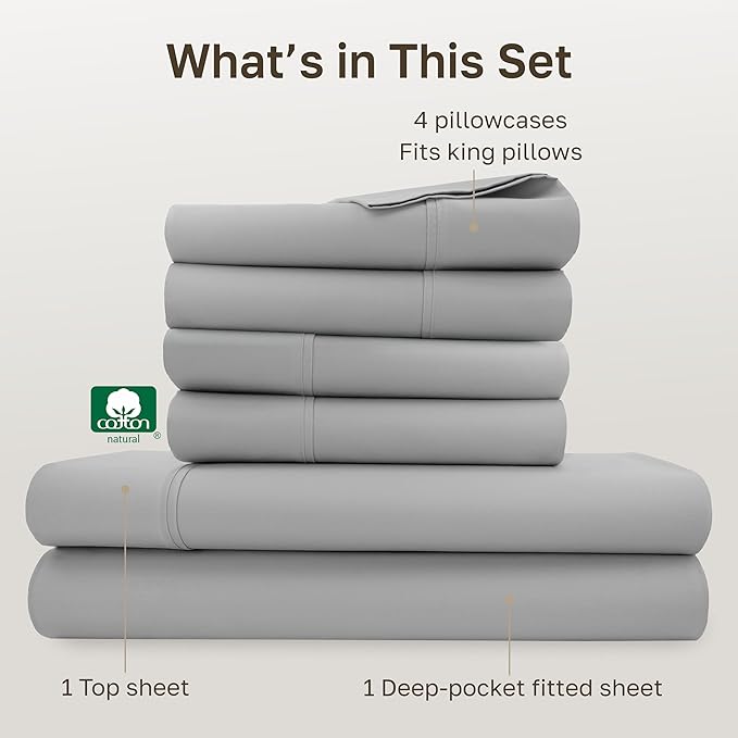 California Design Den 6-Pc King Size Sheet Set with 4 Pillowcases - Soft 400 Thread Count 100% Cotton Sheets, Sateen Weave, Deep Pocket Bedsheets Set - Light Grey