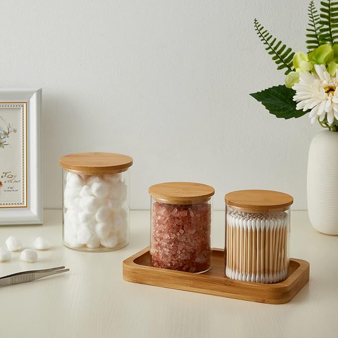 3 Pack Glass Qtip Holder Dispenser, 20 oz and 11 oz Clear Glass Apothecary Jars, Bathroom Vanity Canisters Organizer Jars for Cotton Swabs, Balls, Rounds, Pads, Floss, Bath Salts