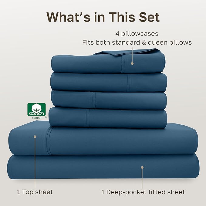 California Design Den 6-Pc Queen Size Sheet Set with 4 Pillowcases - 400 Thread Count 100% Cotton Sheets, Sateen Weave, Deep Pocket Bedsheets Set - Peacock Blue