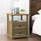 18" Wide End Table with Charging Station Set of 2, Fast Charge End Table Set of 2, Large 18” Bedside Table with Drawers, Storage Cabinet with Open Shelf for Bedroom, Natural