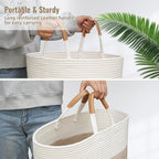 60L Striped Laundry Basket, Brown Laundry Hamper with Leather Handles, Woven Cotton Rope Storage Bin for Blankets, Nursery Hamper for Clothes, Toys In Bathroom, Livingroom, Bedroom