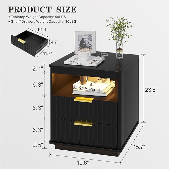 Nightstand with Charging Station, Farmhouse End Side Table with 2 Drawers and Open Storage, Smart Bedside Table with LED Light & Human Sensor for Bedroom, Black