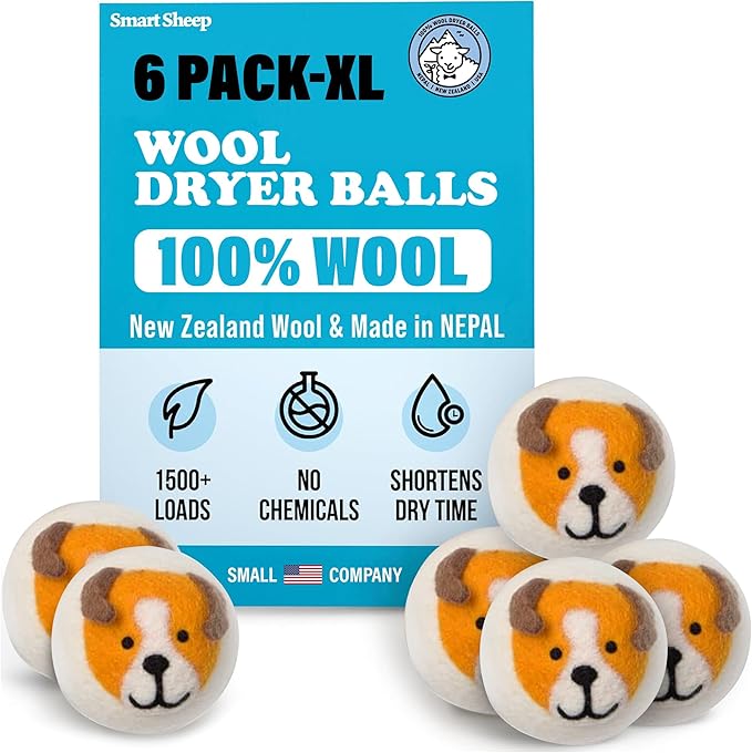 Smart Sheep Wool Dryer Balls - 6-Pack - XL Premium Natural Fabric Softener Award-Winning - Wool Balls Replaces Dryer Sheets - Wool Balls for Dryer - Laundry Balls for Dryer (Playful Pups)