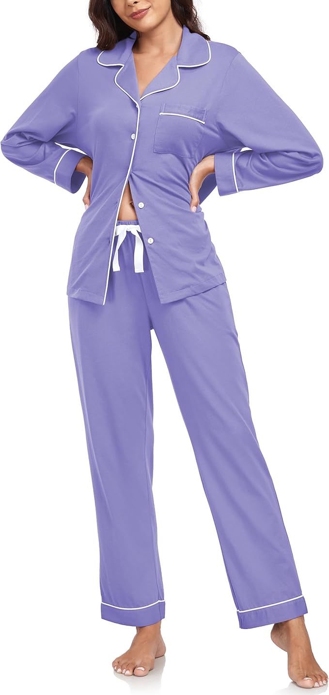 ANLIQI 100% Cotton Pajamas for Women Button Down Pajamas Long Sleeve Top & Pant Sleepwear Loungewear Pj Set with Pocket