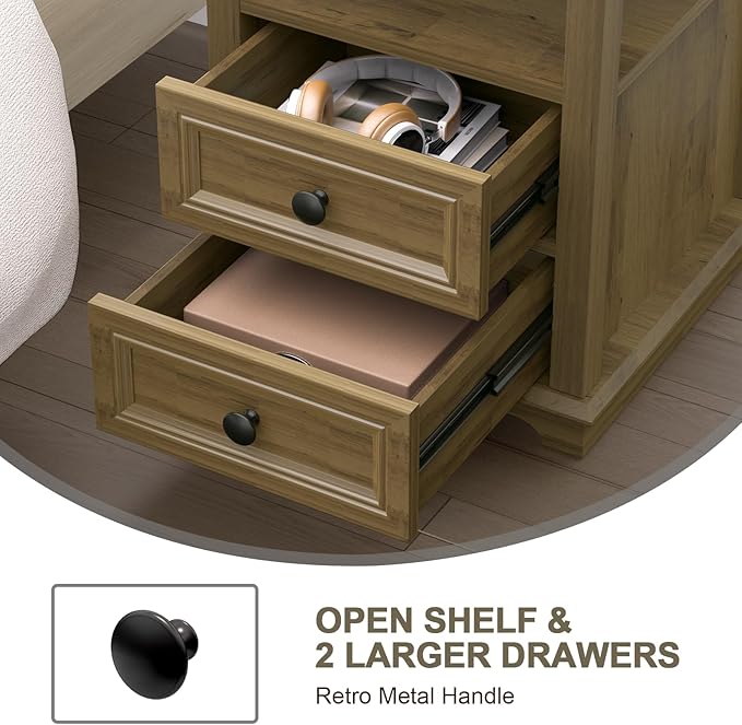 18" Wide End Table with Charging Station Set of 2, Fast Charge End Table Set of 2, Large 18” Bedside Table with Drawers, Storage Cabinet with Open Shelf for Bedroom, Natural