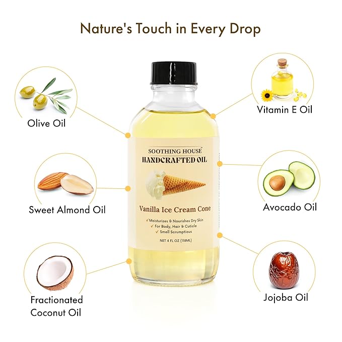 Vanilla Ice Cream Cone Body Oil - Premium Non-Greasy Oil & Body Moisturizer for Dry Skin & Glowing Skin with Sweet Almond, Jojoba, and Vitamin E Oil, 4 Fl OZ