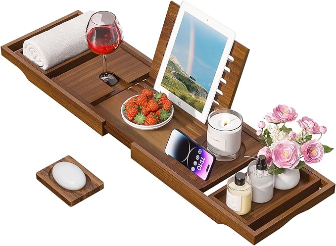 Wooden Bathtub Tray for Luxury Bathroom, Expandable Premium Teak Bath Tray, Adjustable Bath Accessories for Tub, as Unique Housewarming, Holiday, Birthday Gifts