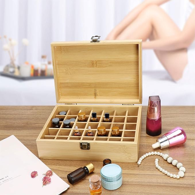 Pure Vie Essential Oil Bamboo Storage Box Travel Display Presentation, Holds 35 Bottles for 5, 10, 15ml - Aromatherapy Organizer Nail Polish Fragrance Container #1 - Keep Your Oils Safe & Space Saver