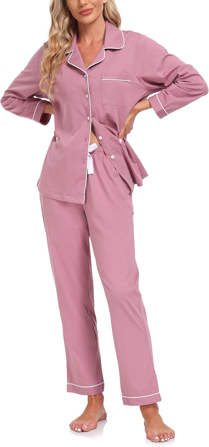 ANLIQI 100% Cotton Pajamas for Women Button Down Pajamas Long Sleeve Top & Pant Sleepwear Loungewear Pj Set with Pocket