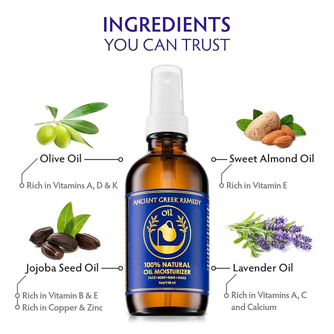 Ancient Greek Remedy Body Oil - Organic After Shower Face Oil & Body Moisturizer for Dry Skin - Almond, Jojoba, Olive, Lavender, Vitamin E Oils - Natural Clean Facial Skincare for Women & Men 4 oz