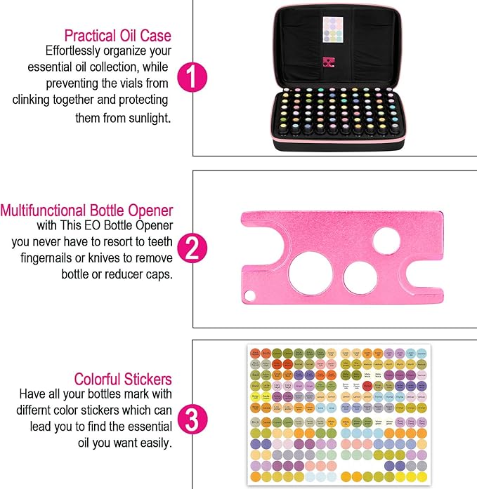 Essential Oils Storage – FITNATE Essential Oils Case for 5ml 10ml 15ml Essential Oils, Essential Oil Travel Case with Essential Oils Labels& Bottle Opener (70 bottles, Pink)