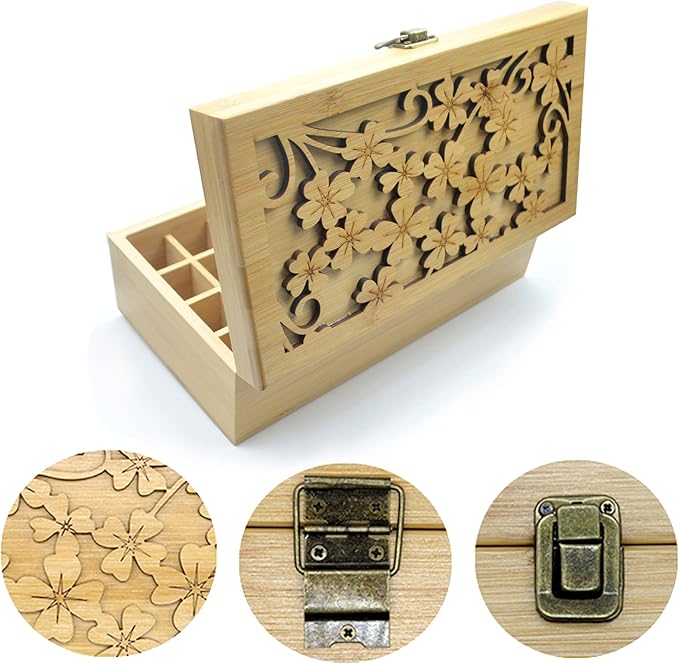 Pure Vie Bamboo Essential Oil Storage Box Travel Organizer Case with Bottle Cap Label - Aromatherapy Nail Polish Fragrance Container, Holds 24 Bottle for 5-30ml - Keep Scented Oil Safe & Space Saver