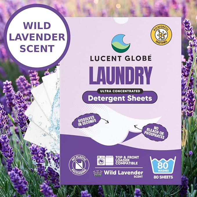 Lucent Globe Laundry Detergent Sheets. Pre-Measured Laundry Sheets. Powerful Stain Removal. Works in All Clothes Washers. World's Best Smelling Laundry Detergent. (1 Pack - 80 Washes, Lavender)