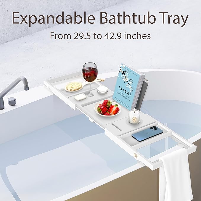 Wooden Bathtub Tray - Foldable & Expandable Bamboo Bath Tray for Tub with Wine Holder, Book & Tablet Stand - Bath Caddy Tray for Bathtub, Spa Bath Accessories, Tub Tray Table, Gifts for Her (White)