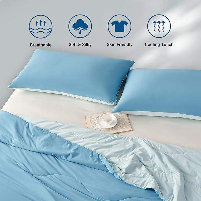 Hotel Grand Cooling Comforter for Hot Sleepers, Cooling Blankets Full/Queen Size, Q-Max>0.4, Breathable and Soft, Lightweight Blankets for Summer (Blue, 90"x90", Packed with Cooling Pillowcase)