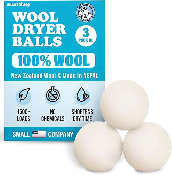 Wool Dryer Balls - Smart Sheep 3-Pack - XL Premium Natural Fabric Softener Award-Winning - Wool Balls Replaces Dryer Sheets - Laundry Balls