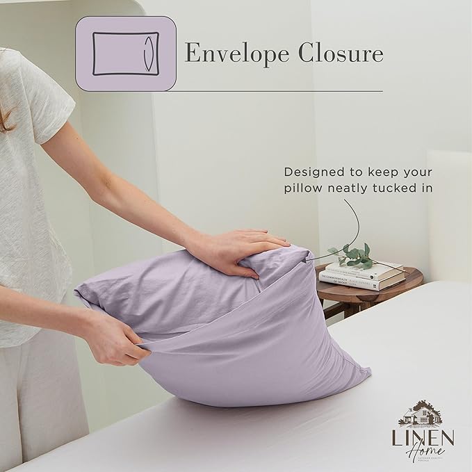 Linen Home Washed Cotton Percale Queen Sheet Set, Iris Lilac, Preshrunk, 4 Pieces Sets - 1 Flat, 1 Deep Pocket Fitted Sheet & 2 Envelope Closure Pillowcases, Soft, Cool and Comfortable Bed Linen