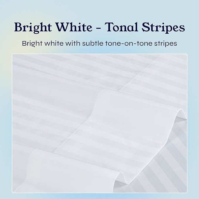 California Design Den Striped Twin XL Sheets Set - Soft 400 Thread Count Sateen, Natural 100% Cotton Sheets with Deep Pockets, and Durable Bedding Set - Striped White