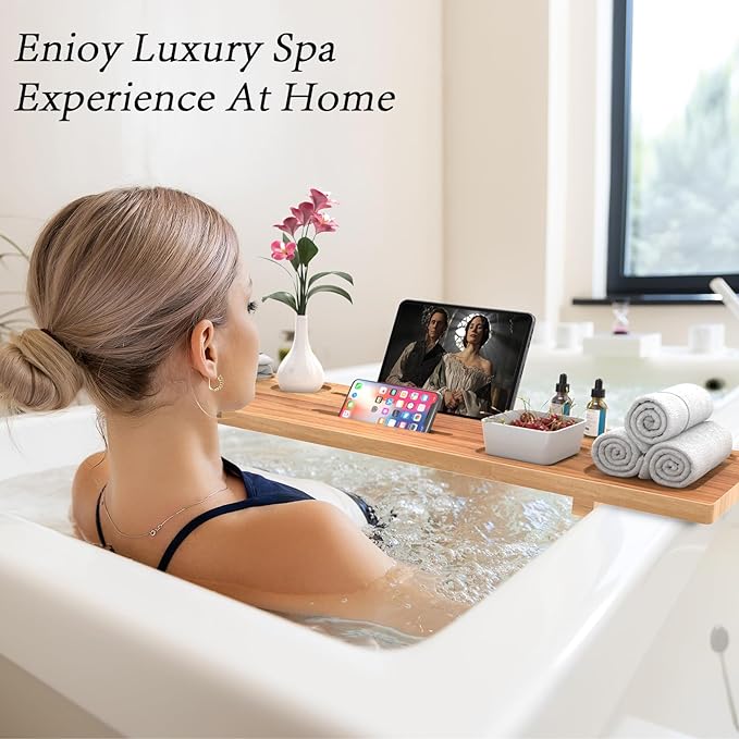 Bathtub Tray for Freestanding Bath, Solid Pine Wood Bath Tray for Tub, Bath Caddy for Home Spa, Adjustable Bathtub Trays for Tub, with Bathtub Accessories Holders, Patent Design, 35x9