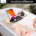Bathtub Tray Caddy for Luxury Bath Expandable Extra Wide Bath Tub Tray with Natural Marble Tray and Mobile/Tablet Stand, Ideal for Home Spa Lovers (Gold + Black)