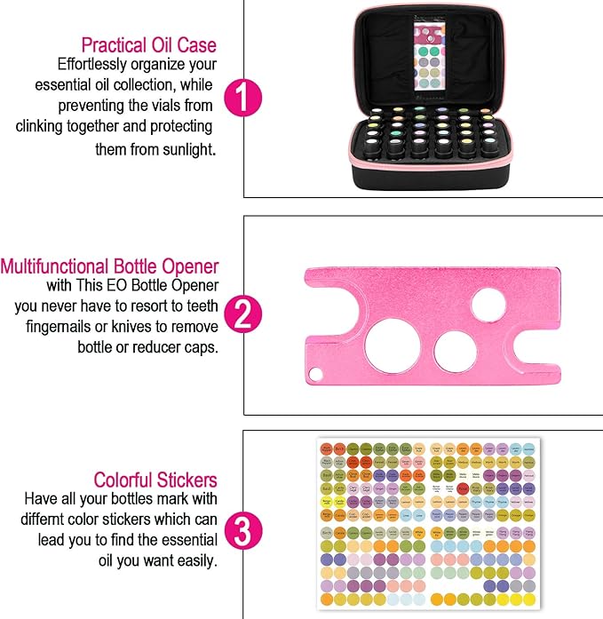 FITNATE Essential Oils Storage Case - 30 Bottle Capacity, Travel-Friendly with Bottle Opener & Young Living Labels (Pink)