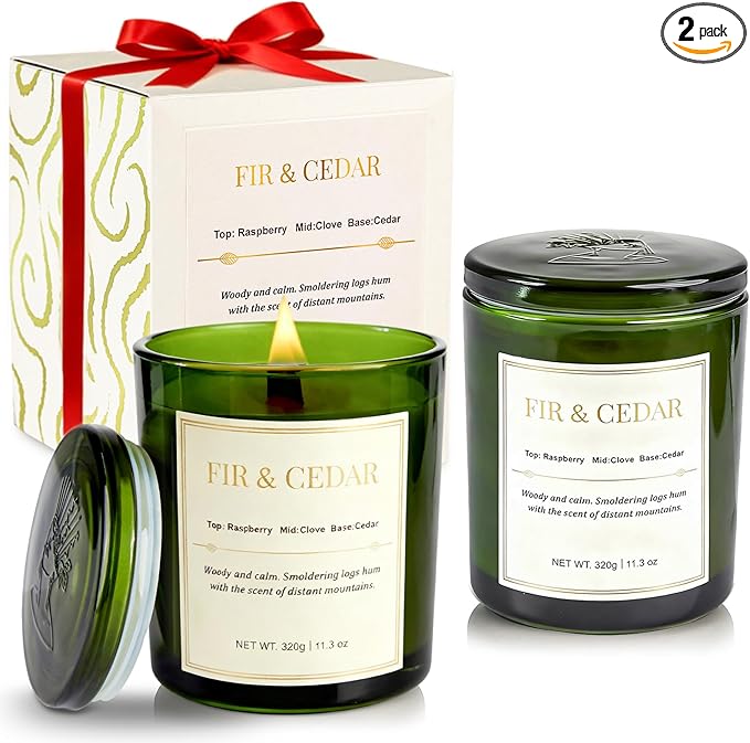 2 Pack Wood Wick Scented Candle Gift Set –Balsam Fir & Cedarwood Natural Soy Wax Candles with Individual Gift Boxes,Long Lasting 22.6 oz Aromatherapy Candles for Home Decor, Christmas&Holiday Gifts