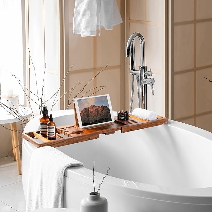 Teak Bathtub Tray | Adjustable Width Tray with Wine Holder, Tablet/Phone & Book Stand, Splash-Proof for Bath Time- Natural