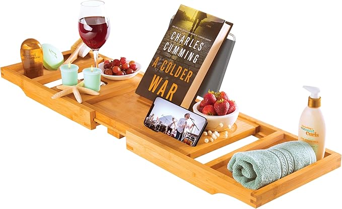 Wooden Bathtub Tray - Foldable Expandable Bamboo Bath Tray for Tub with Wine Holder, Book & Tablet Stand - Bath Caddy for Bathtub, Spa Bath Accessories for Women, Tub Tray Table, Gift for Her or Him