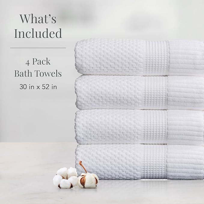 NY Loft 100% Cotton Bath Towel Set of 4 | White Towels | Oeko-TEX® Standard 100 | Soft & Absorbent, Quick-Dry Bath Towels | 30" x 52" | | Trinity Collection - White