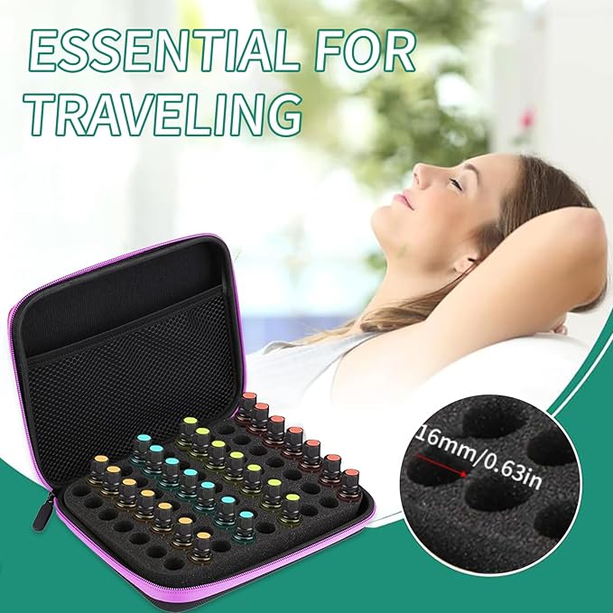 63 Slots Essential Oil Carrying Case, 1-3ml vial portable Essential Oil Storage Bag Case Box, Hard EVA Shell Impact and Leak Proof Large Capacity Organizer with Carrying Handle (Purple)