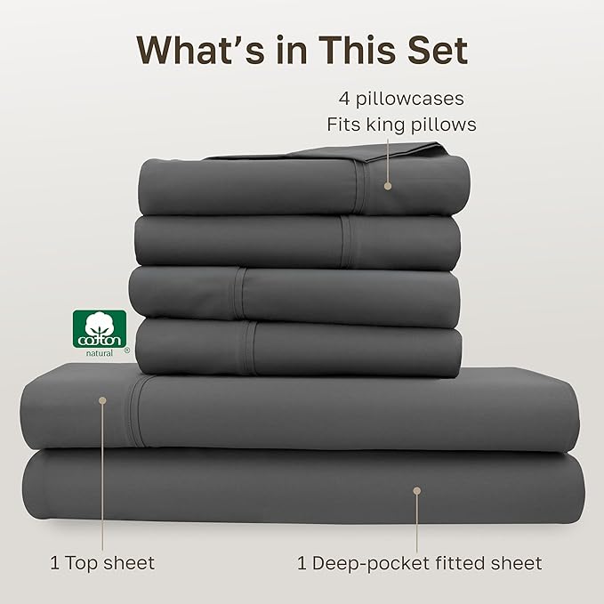 California Design Den 6-Pc King Size Sheet Set with 4 Pillowcases - Soft 400 Thread Count 100% Cotton Sheets, Sateen Weave, Deep Pocket Bedsheets Set - Grey