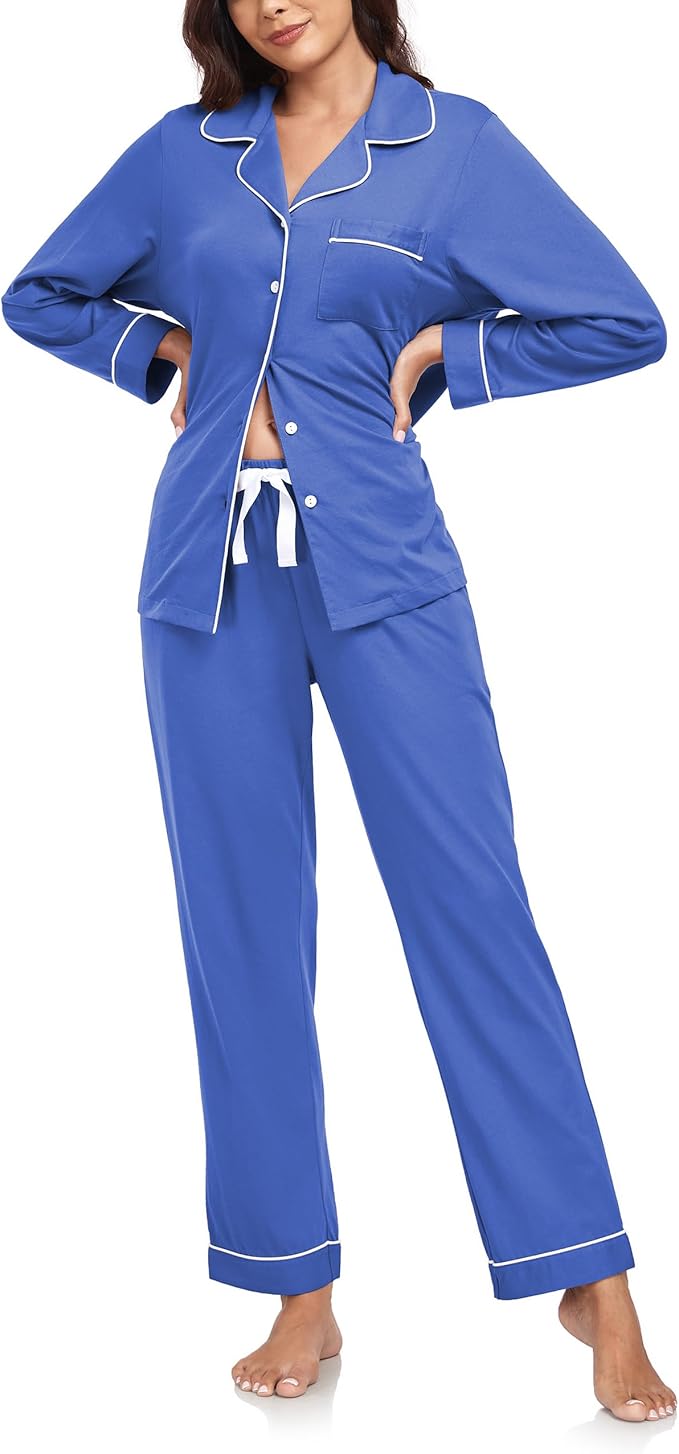 ANLIQI 100% Cotton Pajamas for Women Button Down Pajamas Long Sleeve Top & Pant Sleepwear Loungewear Pj Set with Pocket
