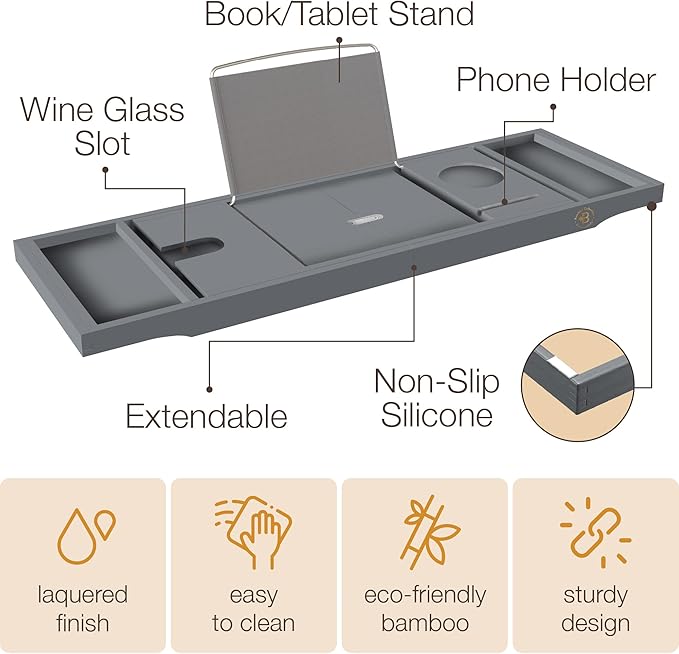 Wooden Bathtub Tray - Foldable & Expandable Bamboo Bath Tray for Tub with Wine Holder, Book & Tablet Stand - Bath Caddy Tray for Bathtub, Spa Bath Accessories, Tub Tray Table, Gift Idea for Her (Gray)