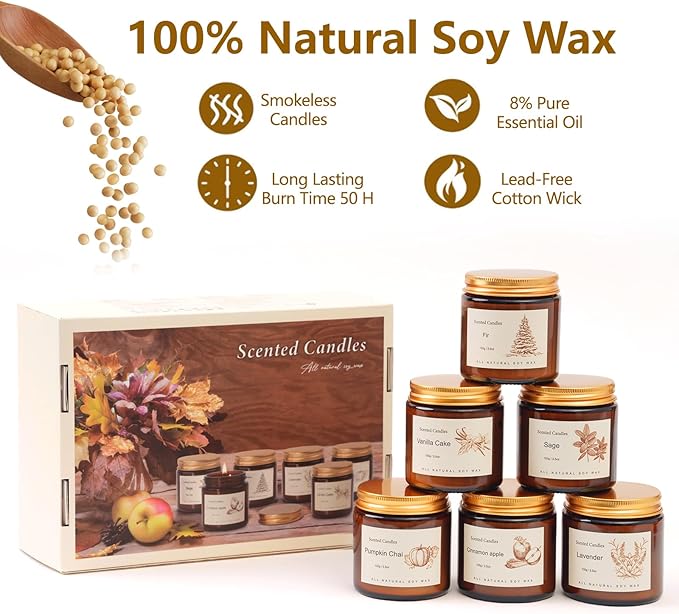 6 Pack Winter Candles for Home Scented,Long Lasting Soy Candles for Home,Holiday Scented Candle Gift Set with Cinnamon Apple,Pumpkin Chai&Vanilla,Natural Aromatherapy Candles,Christmas Gifts for Women