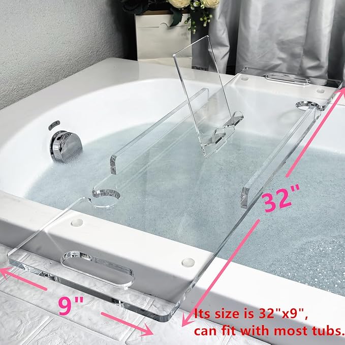 Zinginglife Luxury Clear Acrylic Bathtub Tray Caddy,Bath Tub Tray with Waterproof Design, Bath tub Caddy Table Tray for Laxury Bathroom Accessory House Warme Gifts,32",No Installation Required