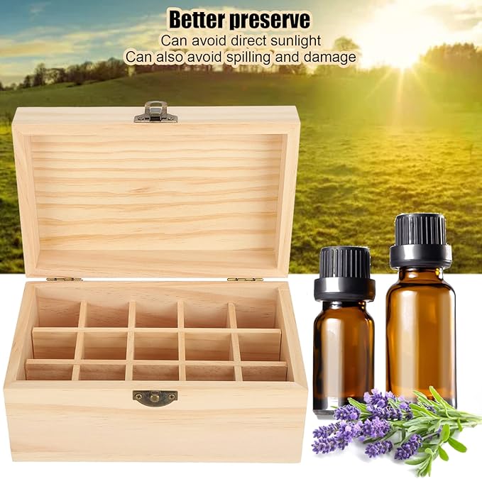 FILFEEL Wooden Essential Oil Bottle Storage Box, Large Capacity 15 Slot Essential Oil Storage Case Pine Wood Essential Oils Organizer Holder for Home, 18.2 x 11.5 x 9 cm