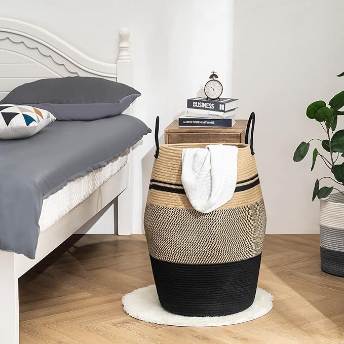 Jute Rope Laundry Hamper by YOUDENOVA, 105L - Woven Collapsible Laundry Basket - Clothes Storage Basket for Blankets organizing, Bedroom Storage, Clothes Hamper – Brown & Black
