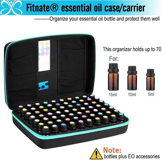 FITNATE Essential Oils Storage Case for 5ml, 10ml, 15ml Oils - Travel Case with Labels & Bottle Opener (70 Bottles, Blue)