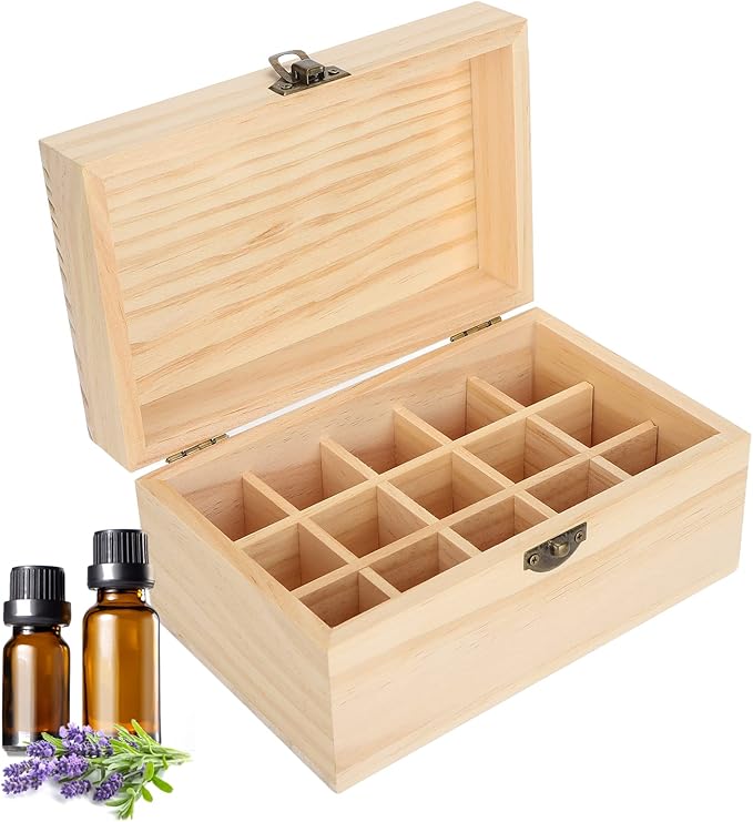 FILFEEL Wooden Essential Oil Bottle Storage Box, Large Capacity 15 Slot Essential Oil Storage Case Pine Wood Essential Oils Organizer Holder for Home, 18.2 x 11.5 x 9 cm