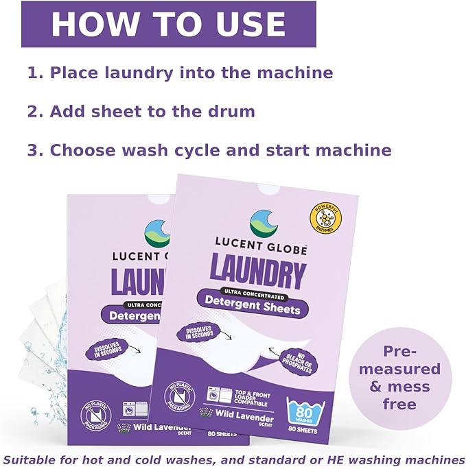 Lucent Globe Laundry Detergent Sheets. Pre-Measured Laundry Sheets. Powerful Stain Removal. Works in All Clothes Washers. World's Best Smelling Laundry Detergent. (1 Pack - 80 Washes, Lavender)