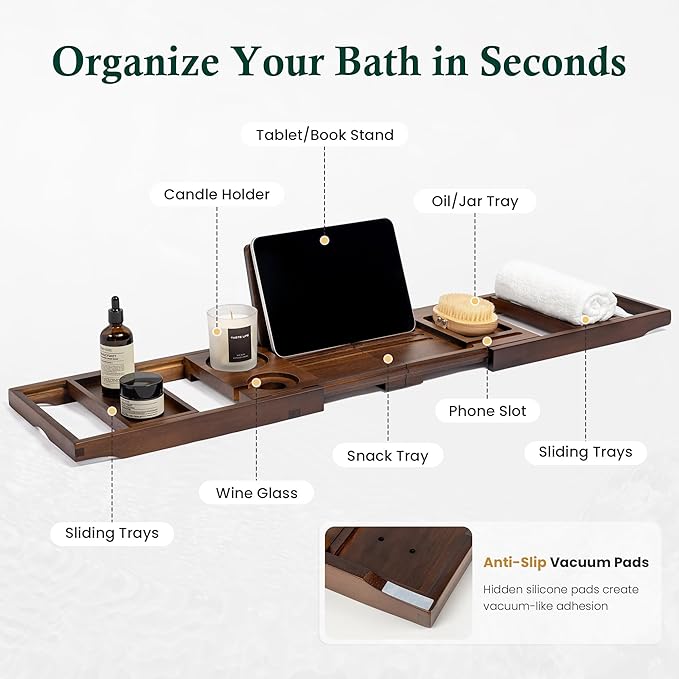 Teak Bathtub Tray, Bath Caddy with Wine Glass Holder, Phone Dock & Book Stand | Hands-Free Reading & Ultimate Spa Relaxation Experience-Brown