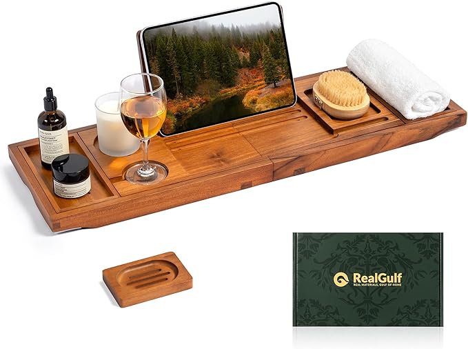 Teak Bathtub Tray, Bath Caddy with Wine Glass Holder, Phone Dock & Book Stand | Hands-Free Reading & Ultimate Spa Relaxation Experience-Natural