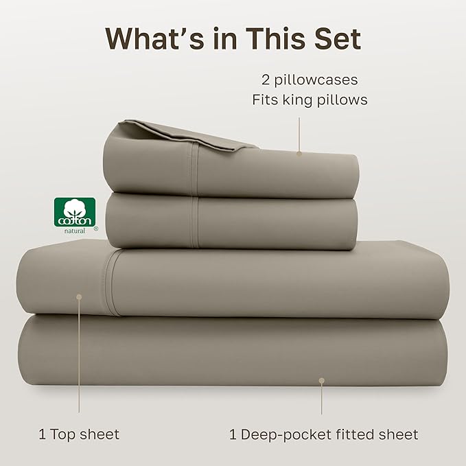 California Design Den California King Sheet Sets - Soft 400 Thread Count Sateen, 100% Cotton Sheets with Deep Pockets, Breathable, and Durable Bedding Set - Taupe