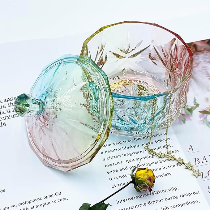 8oz Glass Candy Dish with Lid,Christmas Decorative Storage Jar for Candy,Bath Salt,Paper Clips,Office,Bathroom,Dining Room Organizer(Colorful)