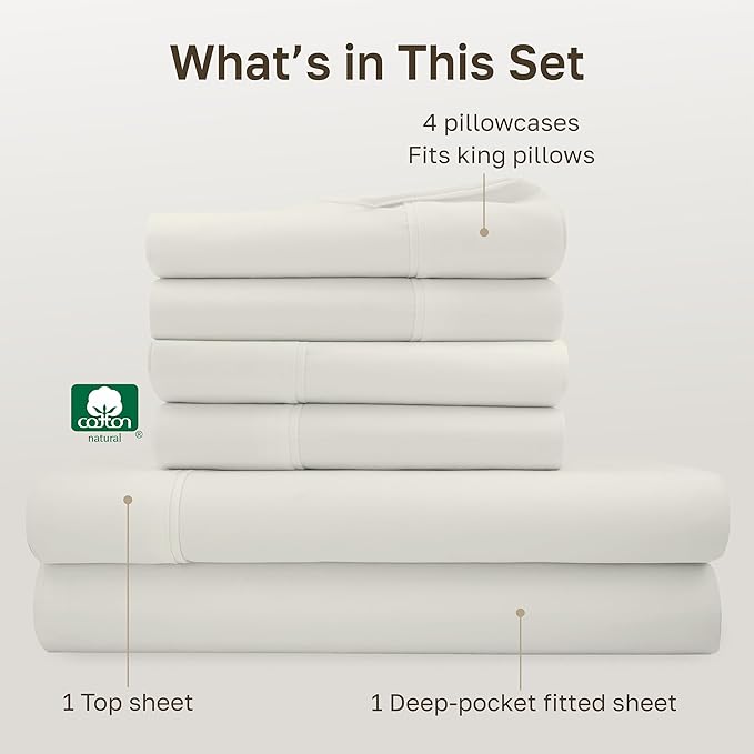 California Design Den 6-Pc King Size Sheet Set with 4 Pillowcases - Soft 400 Thread Count 100% Cotton Sheets, Sateen Weave, Deep Pocket Bedsheets Set - Ivory (Pale Tone)