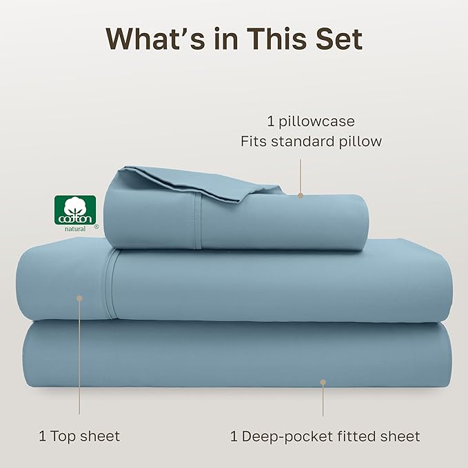 California Design Den Soft Twin Sheets Set - 400 Thread Count Sateen, Natural 100% Cotton Sheets, Deep Pockets, and Durable Bedding Set for Dorm Rooms & Adults - Sky Blue